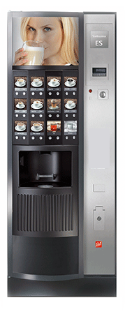 Kaffee-Standautomat in Chrom mit Münzeinwurf.